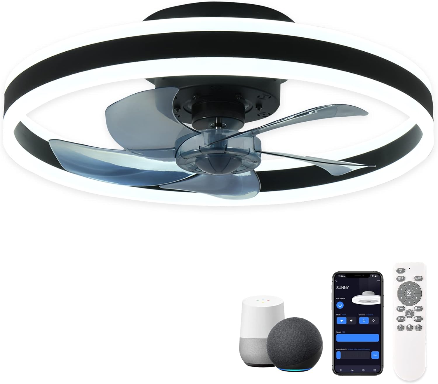 Low profile smart ceiling fan with lights, APP control, remote compatibility, 6 speed reversible blade