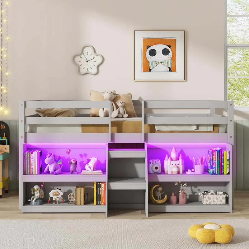 Kids Twin Size Loft Bed With Led Lights Stairs Amp Safety Guardrail Storage Bookcase And Under Bed Play Space