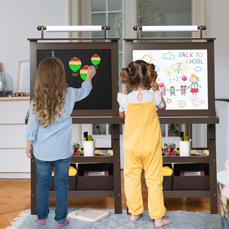 3 In 1 Double Sided Kids Art Easel Wooden Storage Toddler Easel With Magnetic White Board Amp Chalkboard Paper Roll Painting Dry Erase