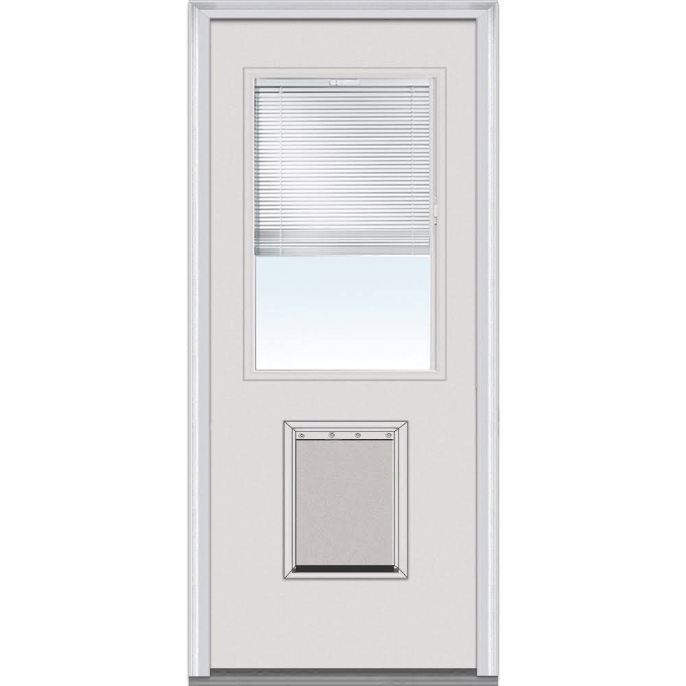 National Door Company Steel Exterior Door, Primed, 1/2 Lite with Clear Glass Internal Blinds & Pet Door, Right Hand Inswing, 32���x80���