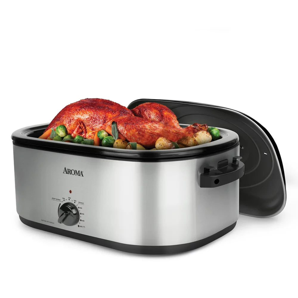 Aroma 22 Quart Electric Roaster Oven Stainless Steel with Self Basting Lid