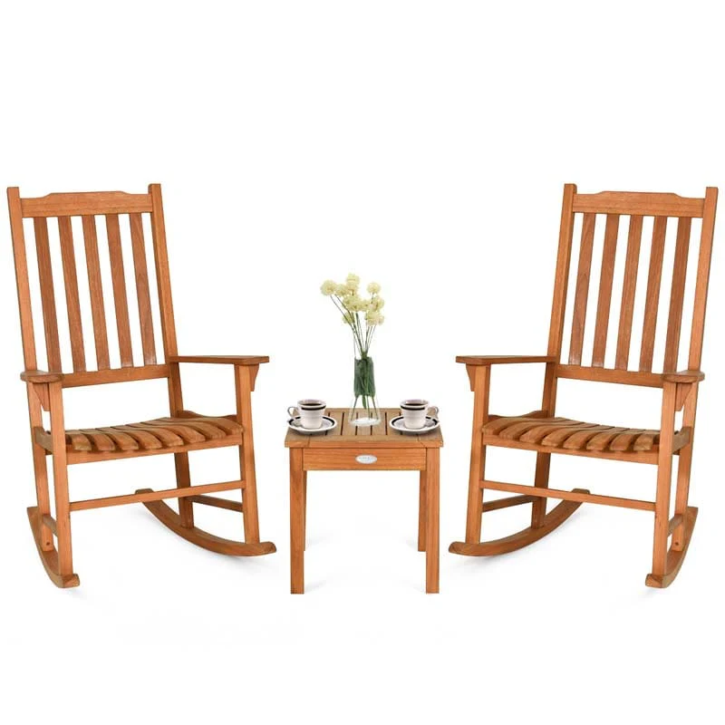 3 Pcs Eucalyptus Rocking Chair Set Outdoor Bistro Set With Accent Coffee Table - High Quality Set For Everyday Use