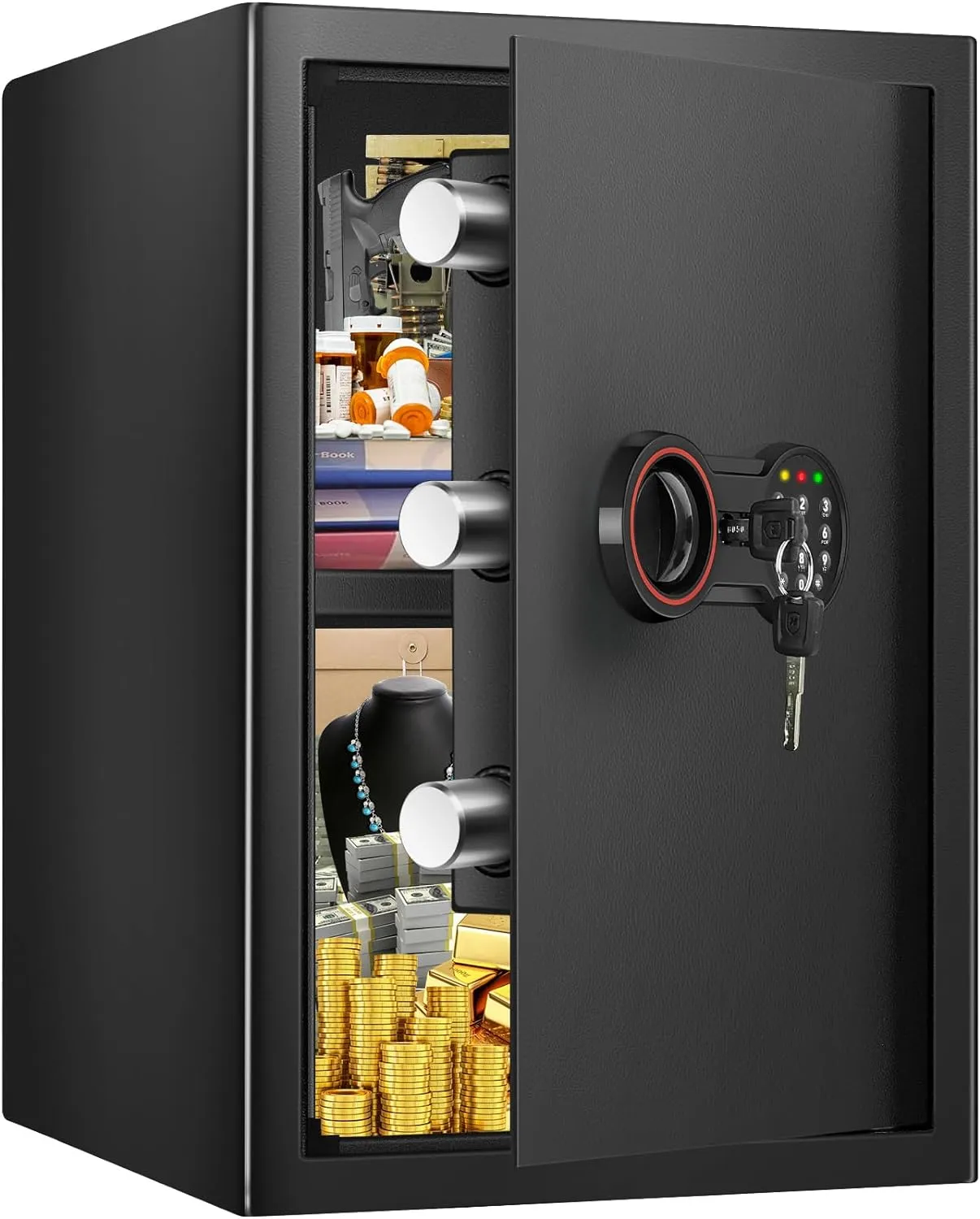 3.8 Cub Large safe is fireproof and waterproof, burglar proof and fireproof safe, with numeric keypad, spare key and 2 removable shelves