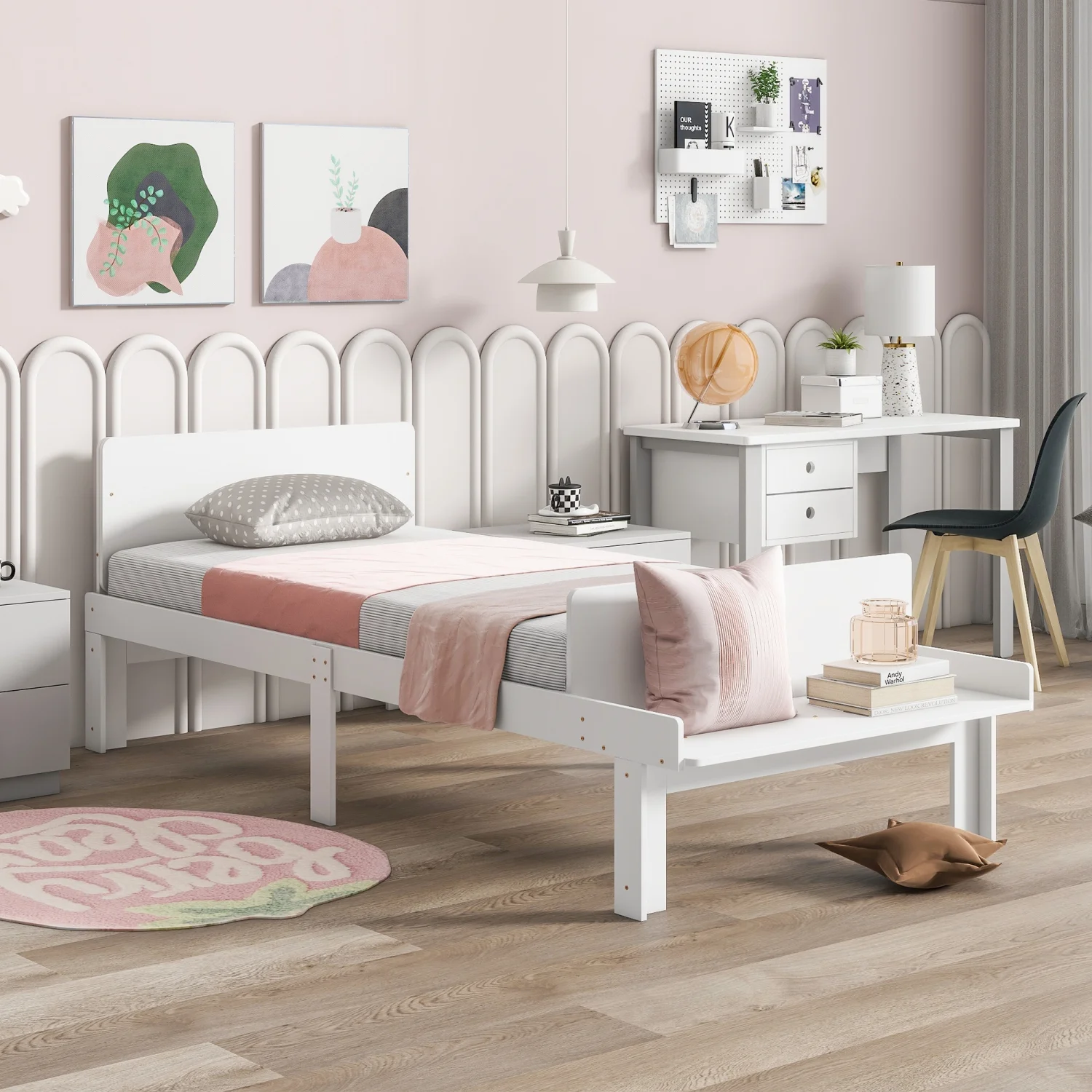 Create a chic and cozy bedroom look with this stylish and elegant white twin bed featuring a footboard bench for added comfort   perfect for enhancing the style and comfort of your bedroo