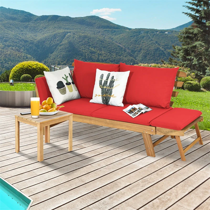 Acacia Wood Patio Daybed Convertible Couch Sofa Bed Outdoor Folding Chaise Lounge Bench With Adjustable Armrest