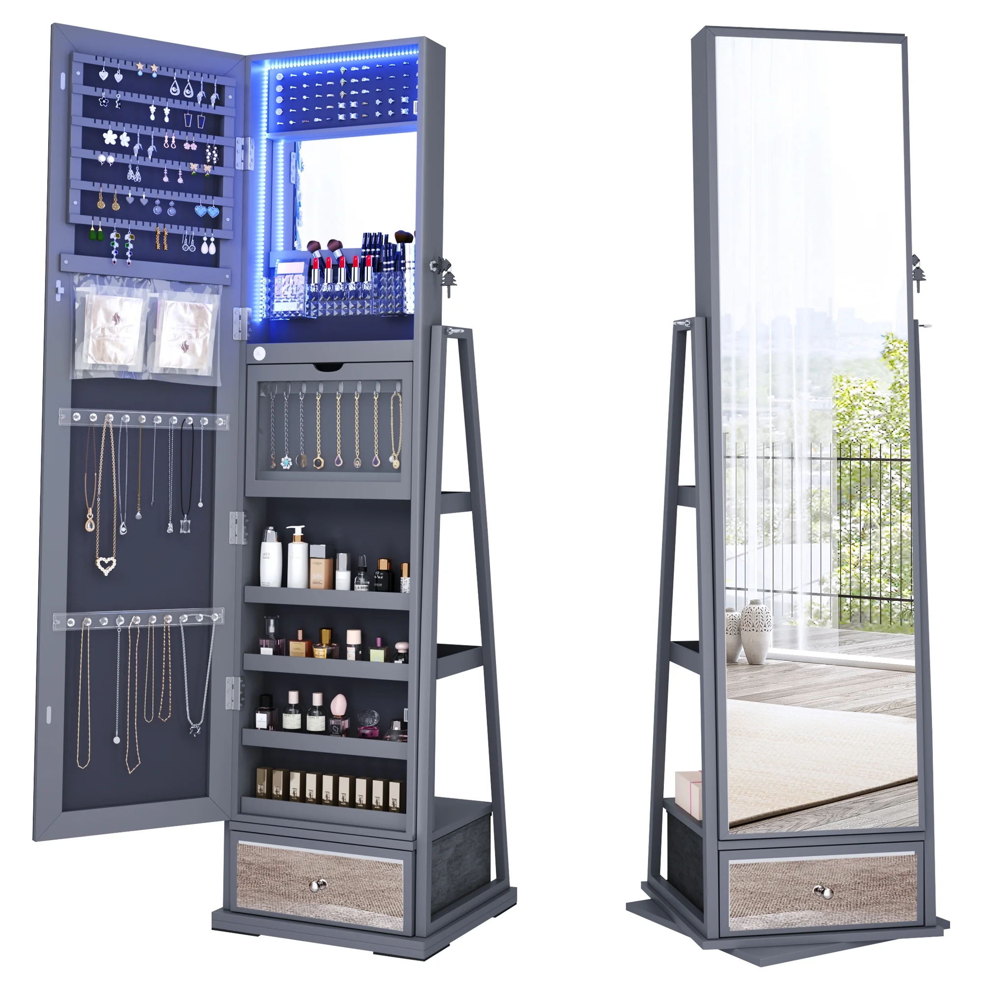 FREDEES Standing Jewelry Cabinet with Mirror and Lights, Wooden Jewelry Armoire Organizer with Full Length Mirror for Women, Grey