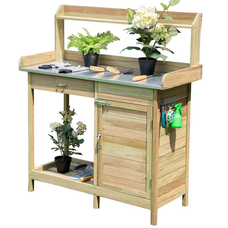 Outdoor Patio Potting Bench Table Rack With Metal Tabletop Big Drawer Amp Removable Shelf Fir Wood Garden Workstation