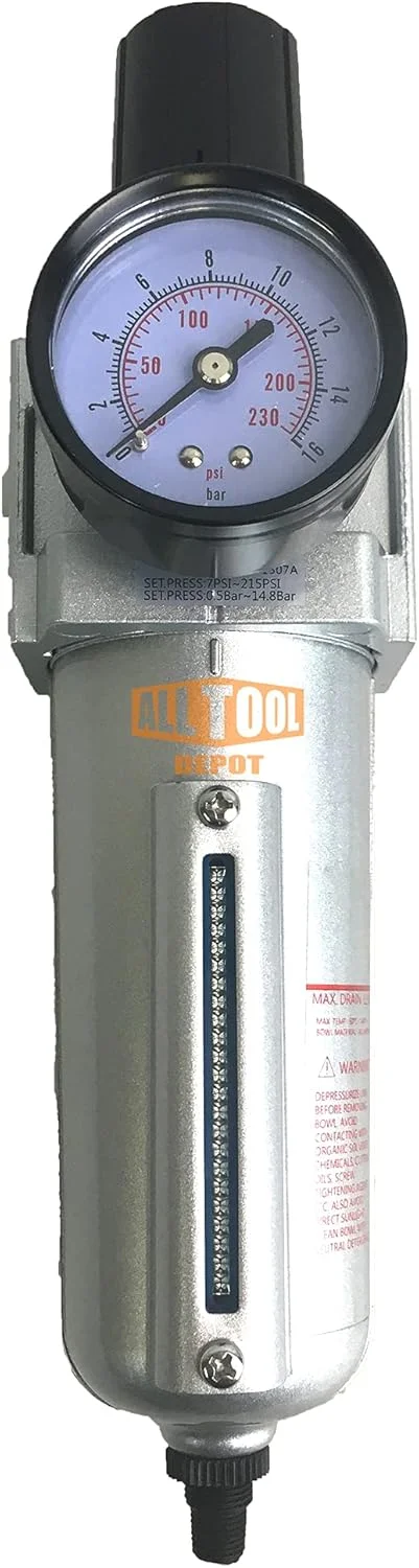 NPT HEAVY DUTY Compressed Air In Line Filter Regulator Combo Piggyback, Metal Bowl, 5 Micron , Adjustable From 7 to 175 PSI (AUTO DRAIN)