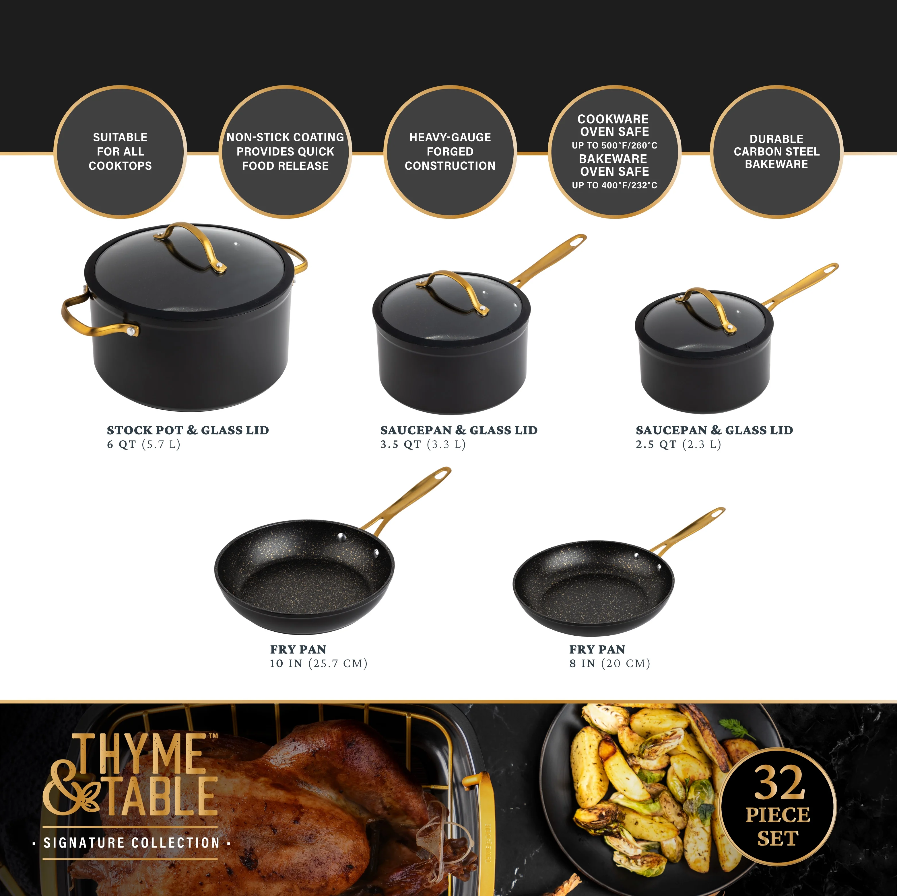 Thyme & Table 32 Piece Cookware & Bakeware Non Stick Set, Black