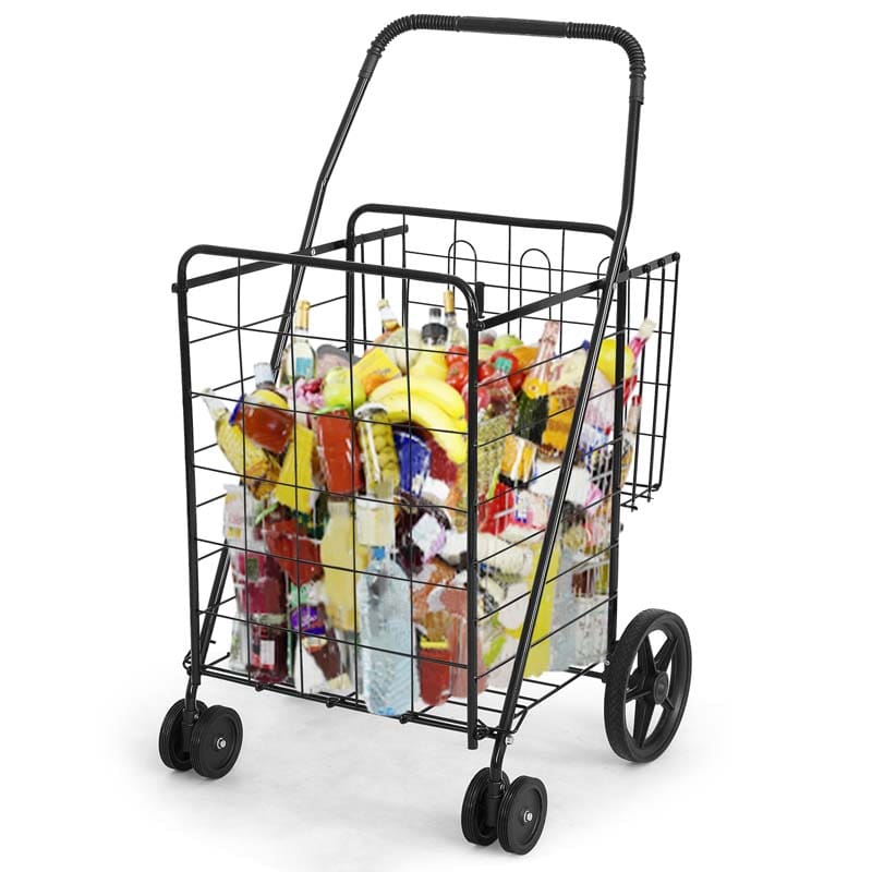 Jumbo Folding Shopping Cart Large Rolling Grocery Utility Cart With Double Basket Amp 360Deg Swivel Wheels