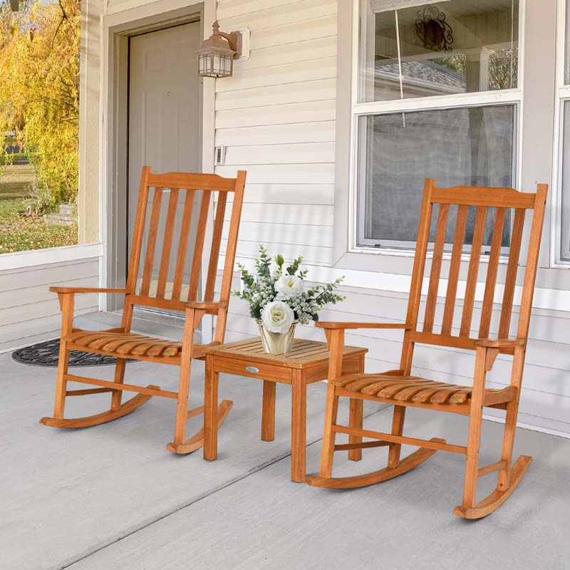 3 Pcs Eucalyptus Rocking Chair Set Outdoor Bistro Set With Accent Coffee Table - High Quality Set For Everyday Use