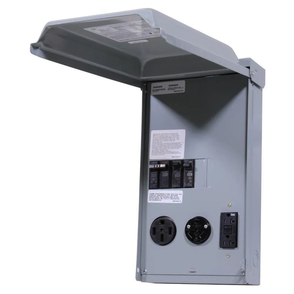 Weatherproof RV Power Panel �C 50 Amp & 30 Amp Receptacles, 20 Amp GFCI, NEMA 3R Enclosure