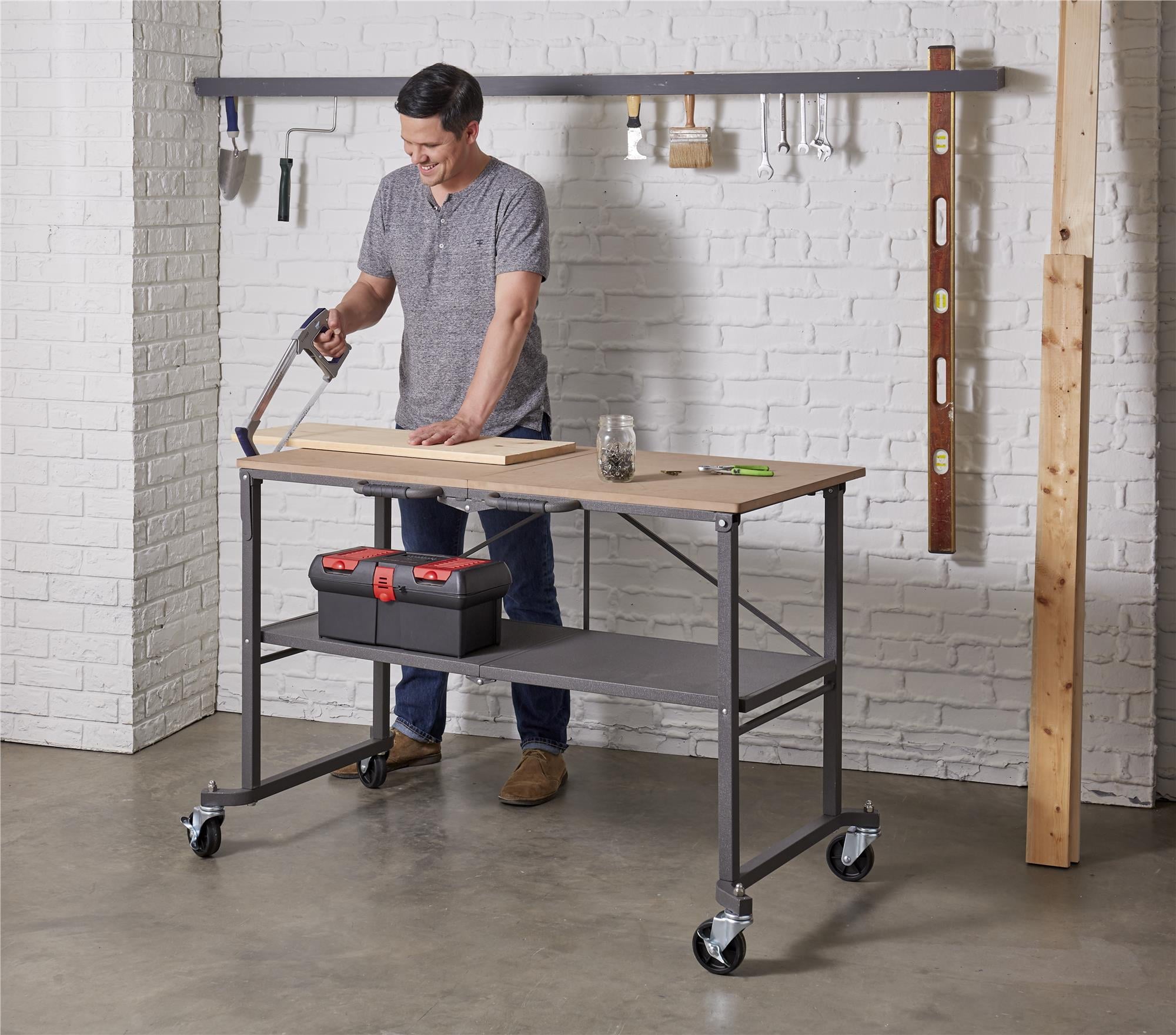 COSCO SmartFold Portable Workbench / Folding Utility Table with Locking Casters, 600 lb. Capacity, 51.4