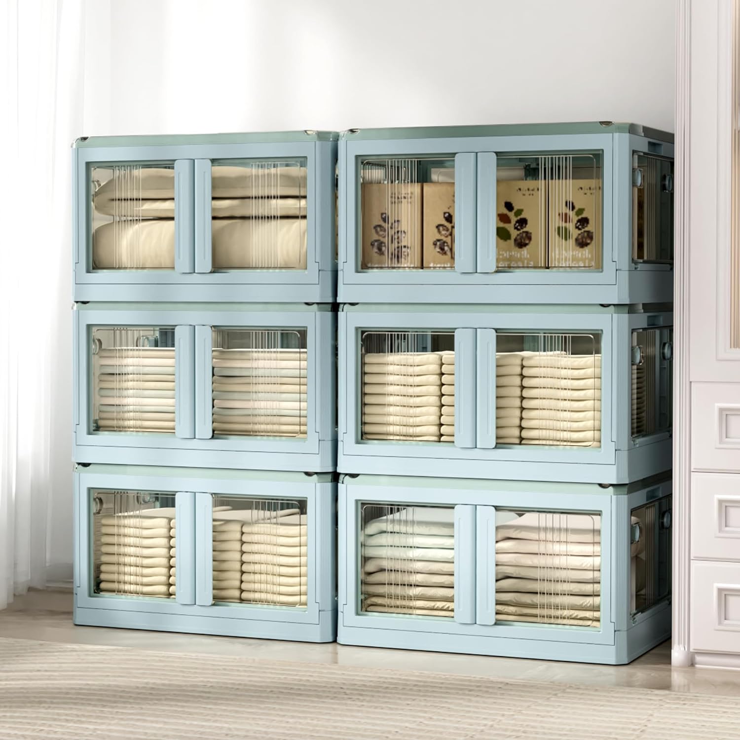 14.5 gallon foldable storage bins with LIDS, 6 packs, 5 open stackable storage bins, plastic storage bins