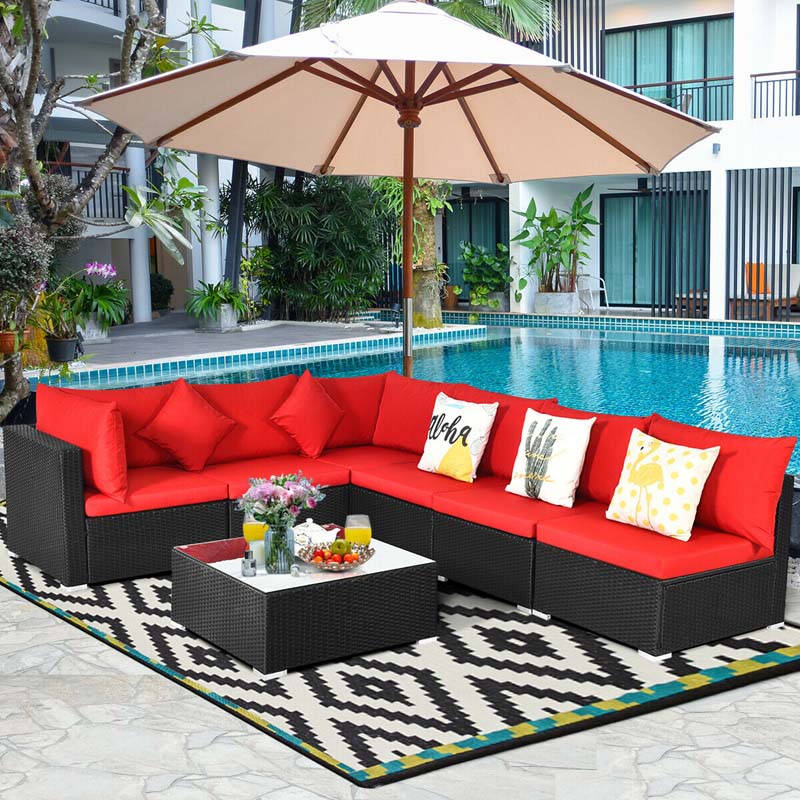 7 Pcs Rattan Patio Furniture Sectional Sofa Set Outdoor Wicker Conversation Set With Back Amp Seat Cushions Pillows - High Quality Set For Everyday Use