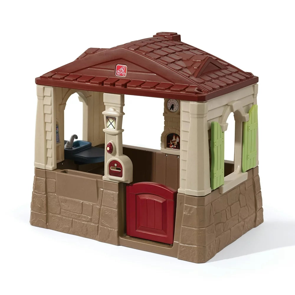 Step2 Neat & Tidy Cottage II Brown Playhouse for Kids �C Outdoor Plastic Toy with Dutch Door & Kitchen Setup