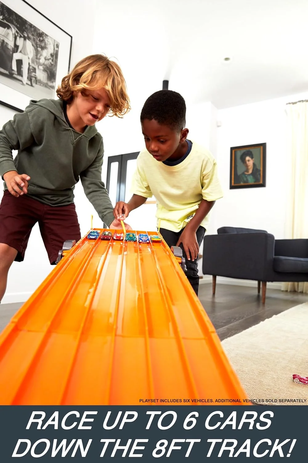 Toy Car Track Set Super 6-Lane Raceway, 8ft Track that Rolls Up for Storage, 6 1:64 Scale Cars