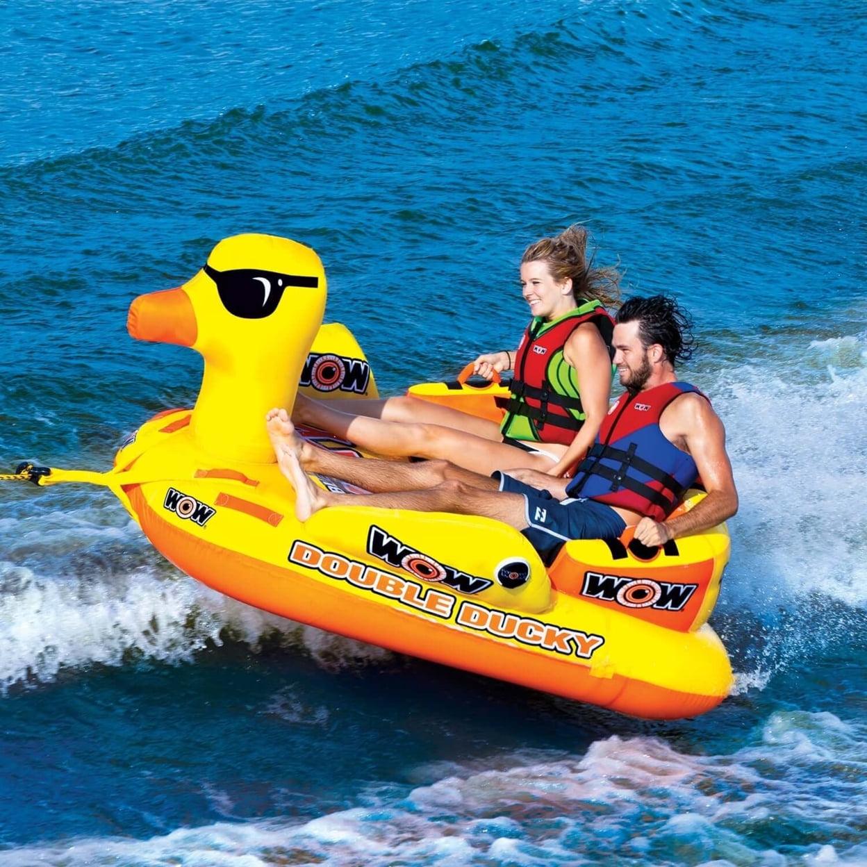 WOW Sports Double Ducky 2P Towable Tube, Secure Deck Seating, 340 lbs Capacity, Heavy-Duty PVC, Front & Back Tow Points
