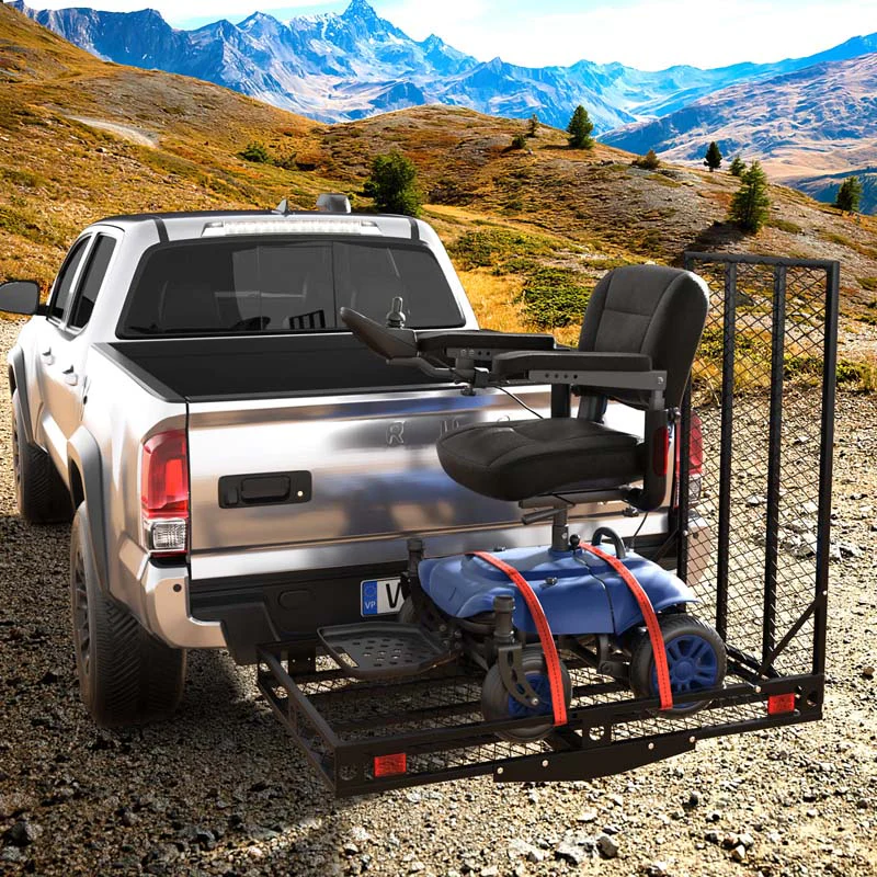 500 Lbs Folding Hitch Mount Wheelchair Carrier Mobility Scooter Loading Ramp W2 Tie Down Straps Heavy Duty Strong Hitch Cargo Carrier