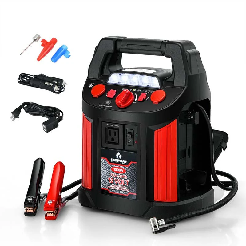 Portable Power Station Jump Starter 1500 700 Instant Amps 180 Psi Digital Air Compressor Power Bank Charger Built In Inverter