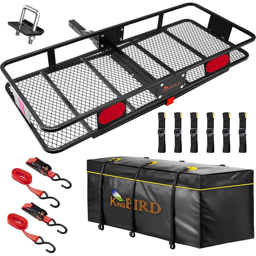 king Bird 60" X 24" X 6" Hitch Mount Folding Cargo Carrier Fits to 2'' Receiver ,550Lbs Capacity Cargo Basket with Waterproof Cargo Bag and Packing Straps