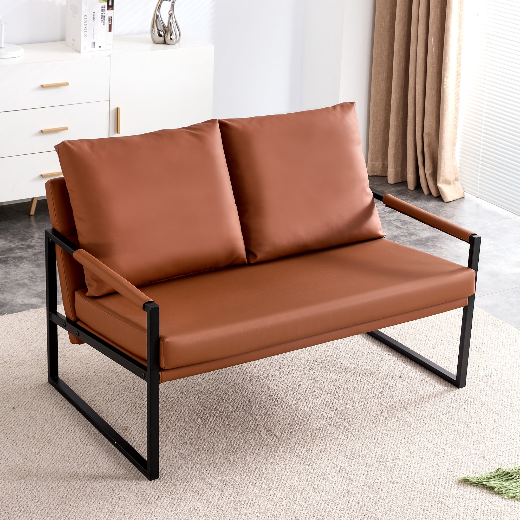 Modern Two Seater Sofa Chair with 2 Pillows   PU Leather, High Density Foam, Black Coated Metal Frame.Brown SF D008
