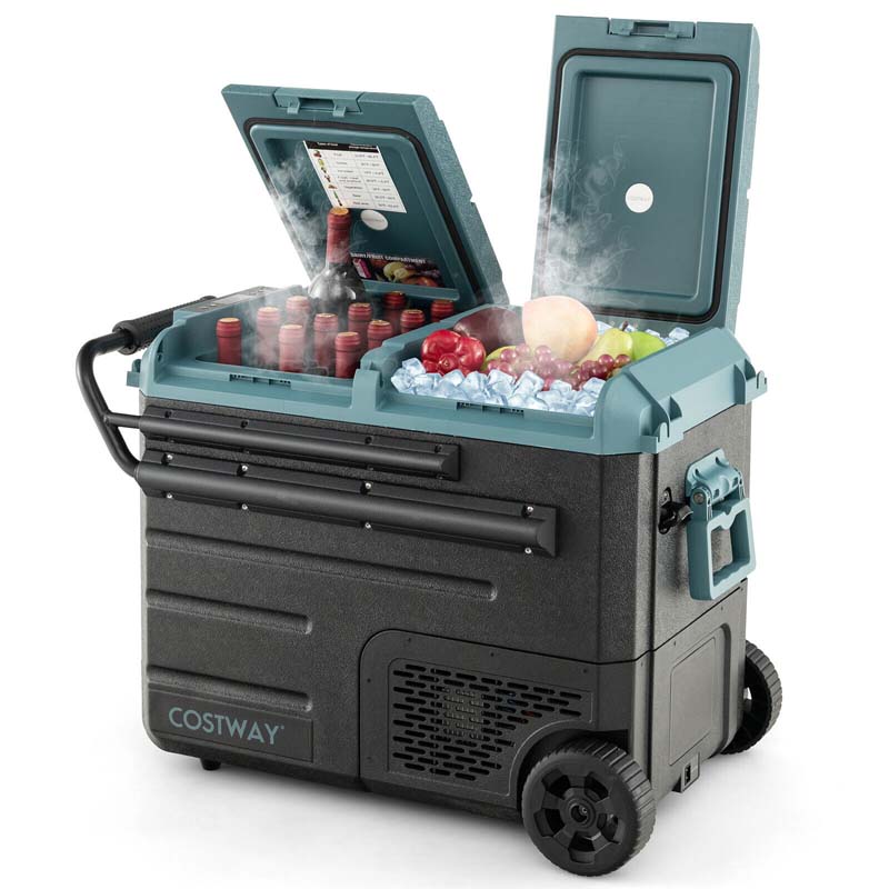 51 Quart Dual Zone Car Refrigerator With Wheels 12V24V Dc Amp 100 240V Ac Portable Car Fridge Cooler Freezer