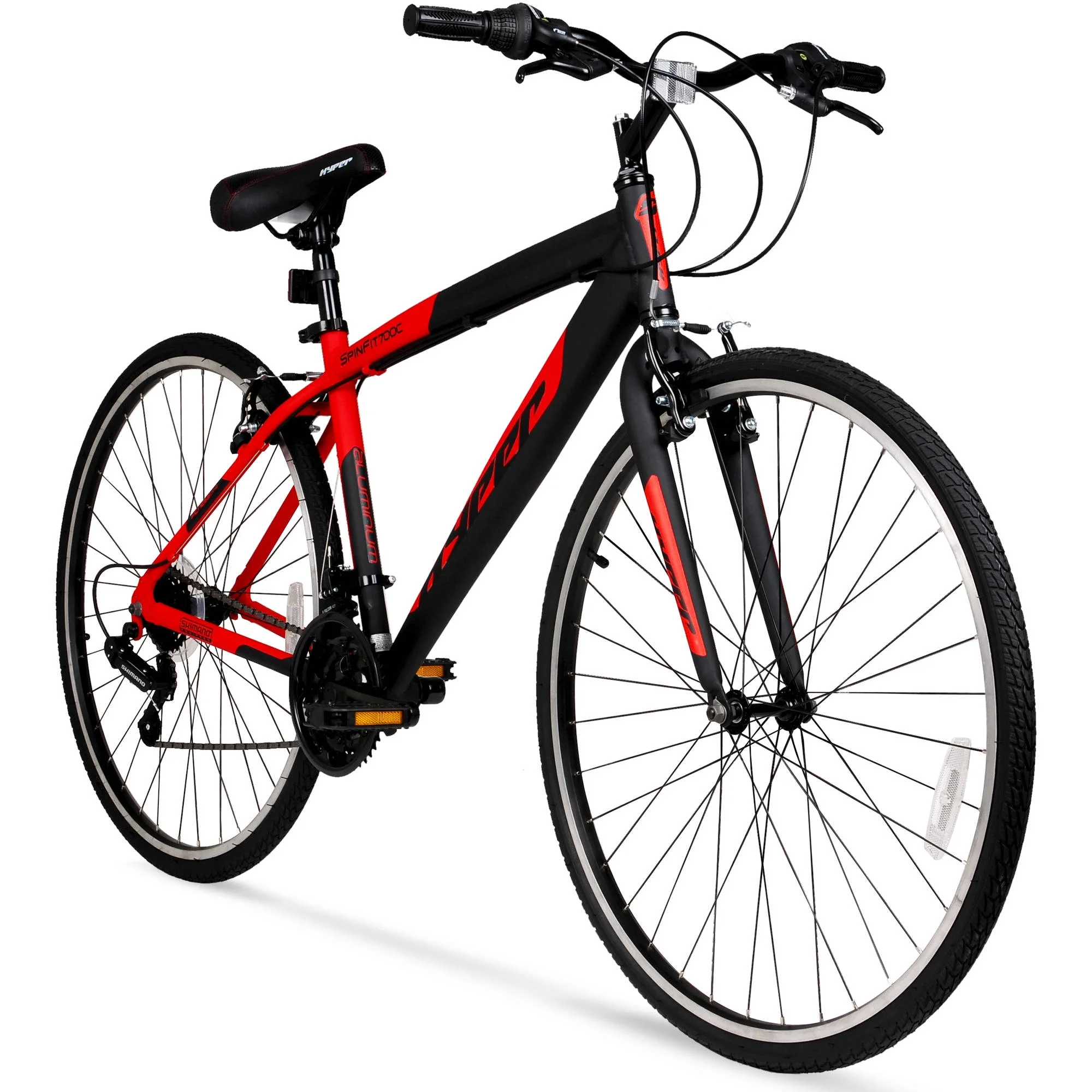 Hyper Men��s Spin Fit 700C Hybrid Bike, 21-Speed, Black/Red, Aluminum Frame
