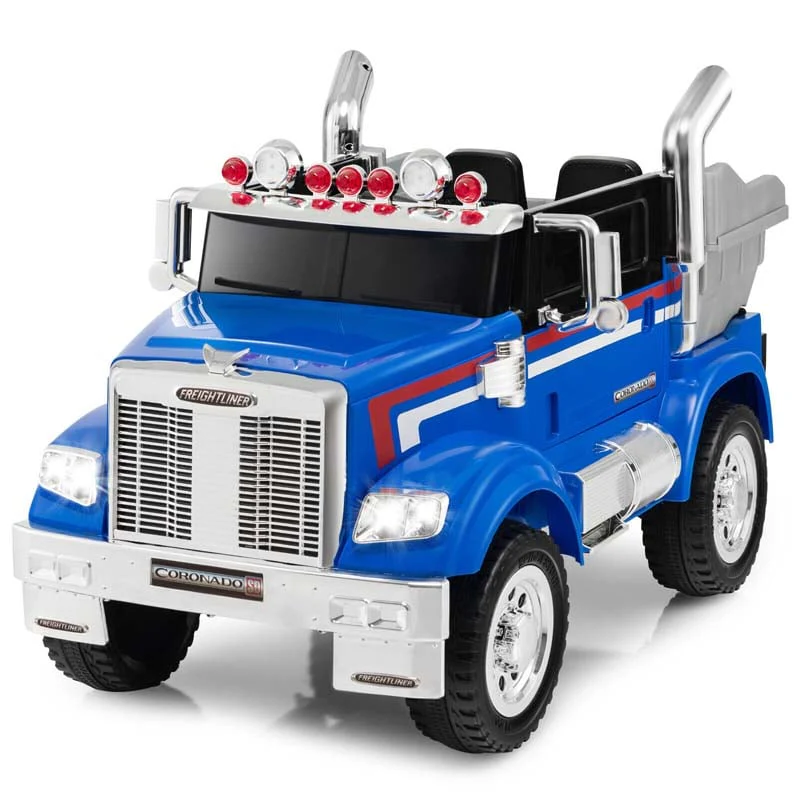 12V Licensed Freightliner Kids Ride On Truck Battery Powered Trailer Rc Riding Toy Car With Dump Box Amp Lights