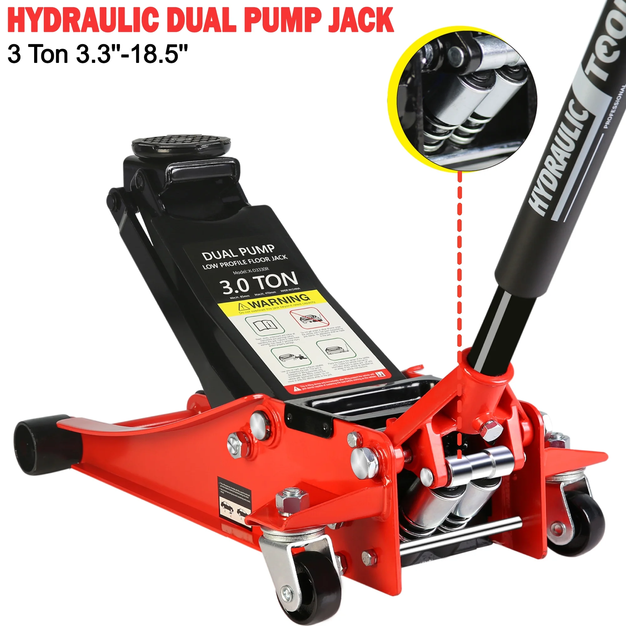 Low Profile Floor Jack, Seizeen 3 Ton(6600 lbs) Trolley Jack Dual Lift Pump, Quick Lift 3 3/10"   18 4/20", Heavy Duty Steel Jack with 45''L Extended Handle, Car Jack w/Wheels, Rubber Saddle, Red
