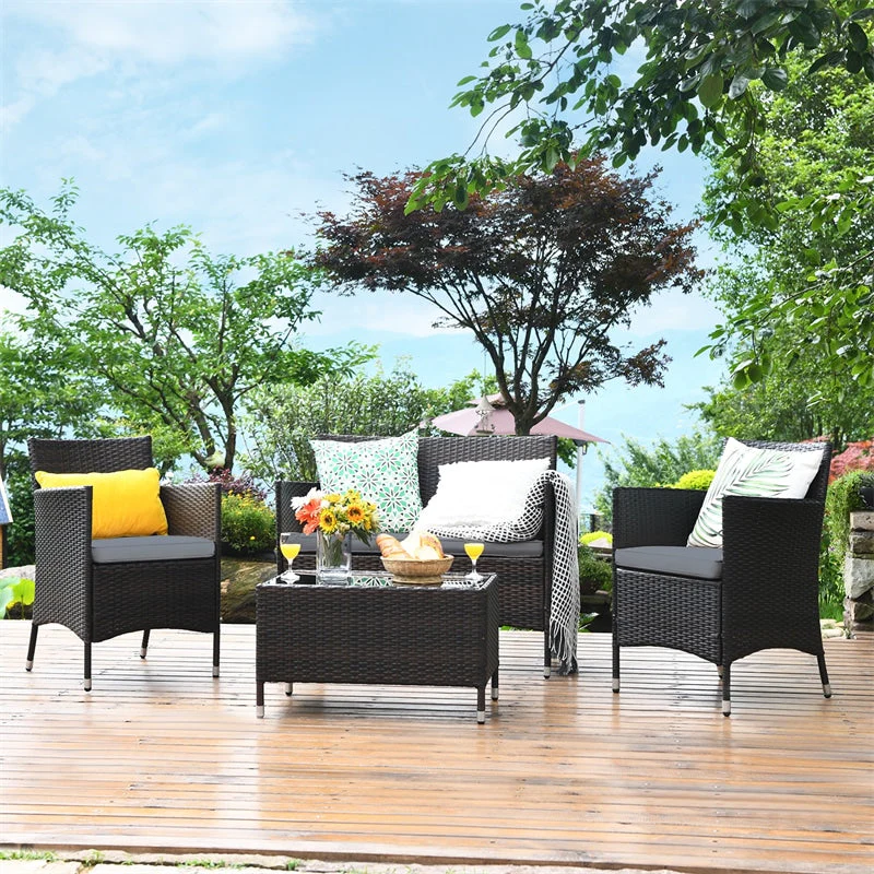 4 Pcs Rattan Wicker Patio Conversation Sets With Loveseat Single Sofas Coffe Table Outdoor Bistro Set - High Quality Set For Everyday Use