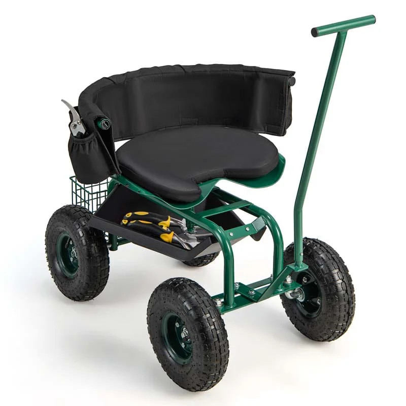 Green Rolling Garden Cart Workseat Garden Scooter With 360 Degree Swivel Cushioned Seat Amp Tool Storage 2 Steering Handles - Durable Tools For Home Projects