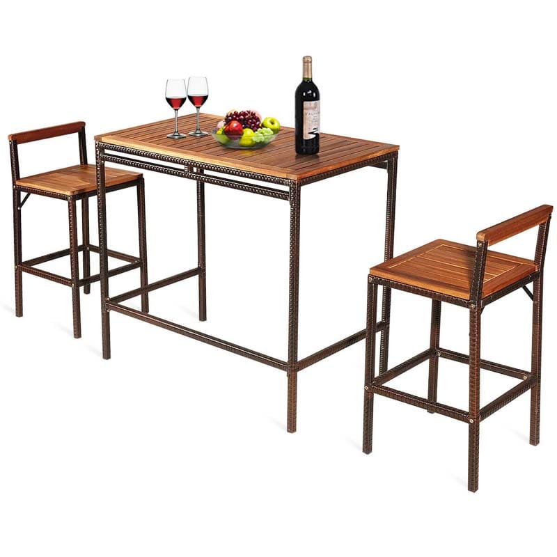 3 Pcs Rattan Wicker Patio Bar Set Dining Table Set Counter Height Bistro Set With Acacia Wood Tabletop Amp 2 Bar Stools - High Quality Set For Everyday Use