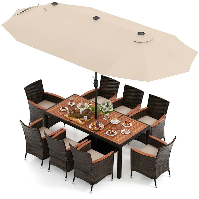10Pcs Patio Rattan Dining Set With 15Ft Double Sided Umbrella Heavy Duty Acacia Wood Table Amp Stackable Wicker Chairs - High Quality Set For Everyday Use