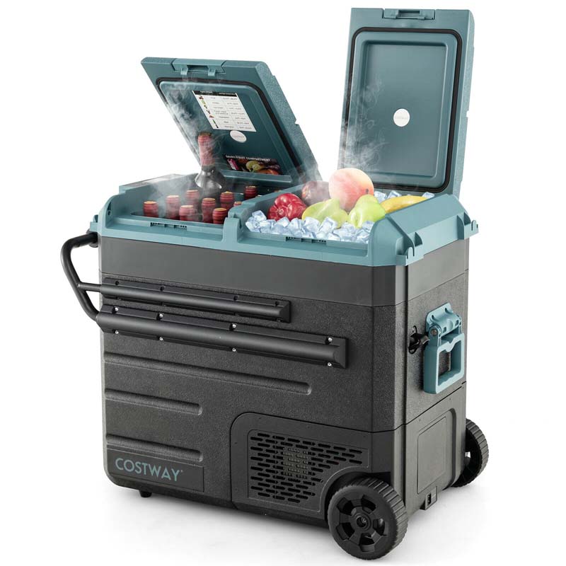 61 Quart Dual Zone Car Refrigerator With Wheels 12V24V Dc Amp 100 240V Ac Portable Car Fridge Cooler Freezer