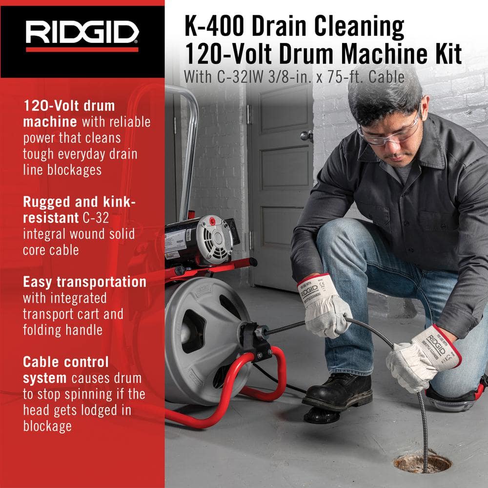 K-400 Drain Cleaning Snake Auger 120-Volt Drum Machine with C-32IW 3/8 in. x 75 ft. Cable + 4-Piece Tool Set & Gloves 52363