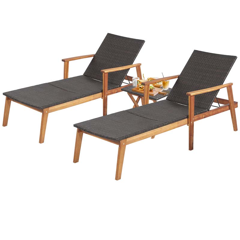 Acacia Wood Amp Rattan Patio Beach Outdoor Chaise Lounge Chairs Pool Sun Lounger Set With Folding Side Table - High Quality Set For Everyday Use