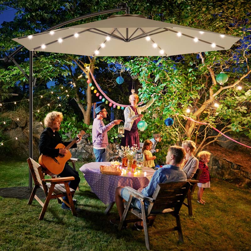 10 Ft Offset Patio Umbrella With Solar Led Lights Amp Cross Base Large Outdoor Cantilever Umbrella For Sun Rain