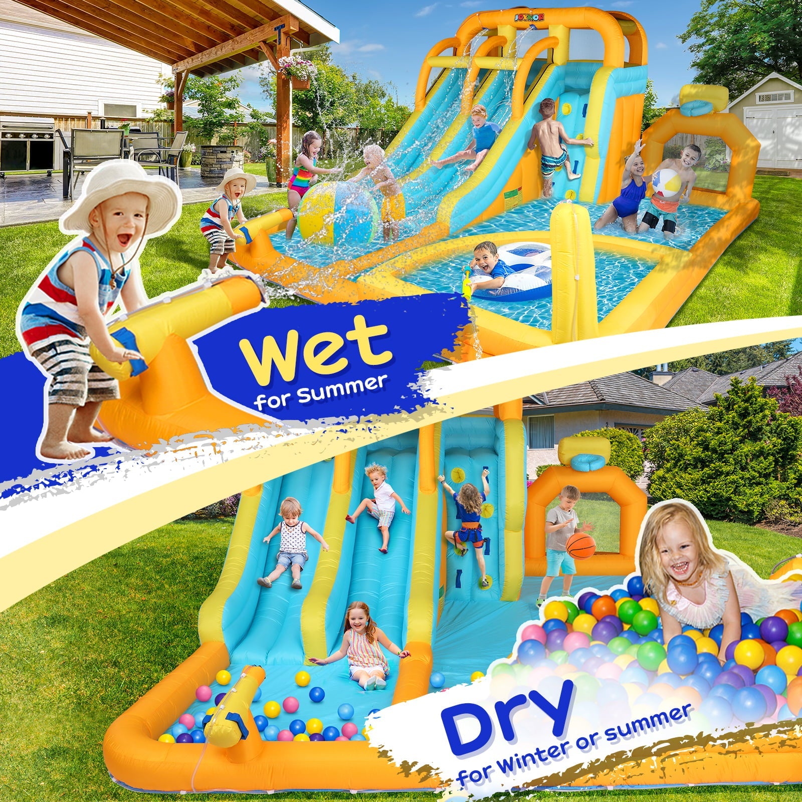JOYMOR 8-in-1 Inflatable Water Slide Park w/ Splash and Deep Pool, , Climbing Wall, Giant Blow up Bounce House for Kids Backyard Party Age 3-12 (Included 750w Blower), Plastic, Child