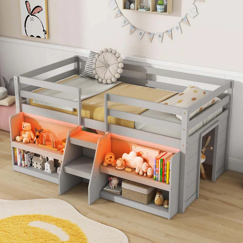 Kids Twin Size Loft Bed With Led Lights Stairs Amp Safety Guardrail Storage Bookcase And Under Bed Play Space
