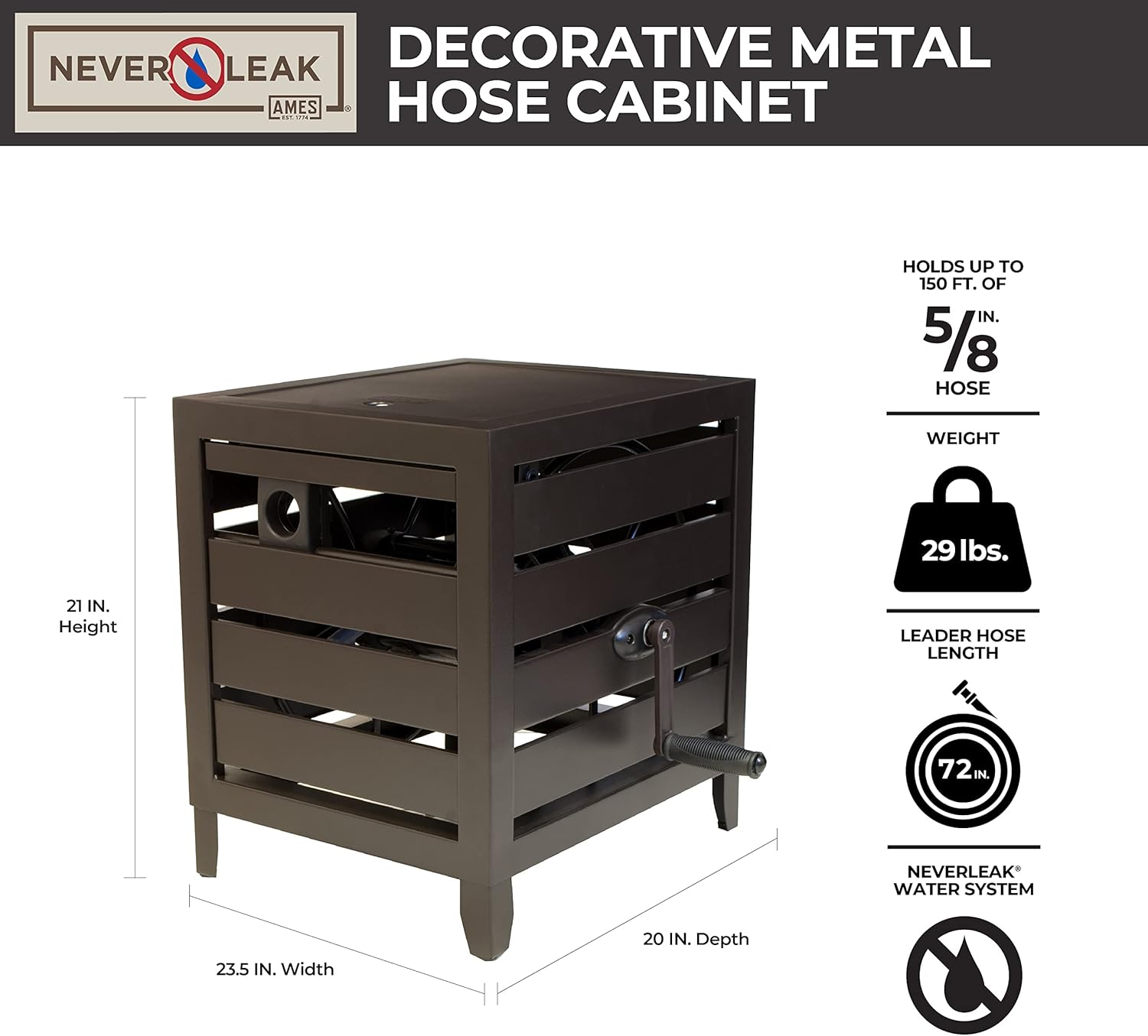 AMES NeverLeak Metal Hose Cabinet, 150-Foot Capacity, Cold-Weather Resistant, Black