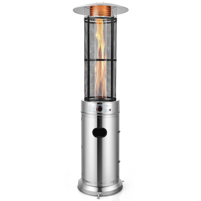 41000 Btu Standing Propane Patio Heater With Wheels Stainless Steel Round Glass Tube Gas Outdoor Heater