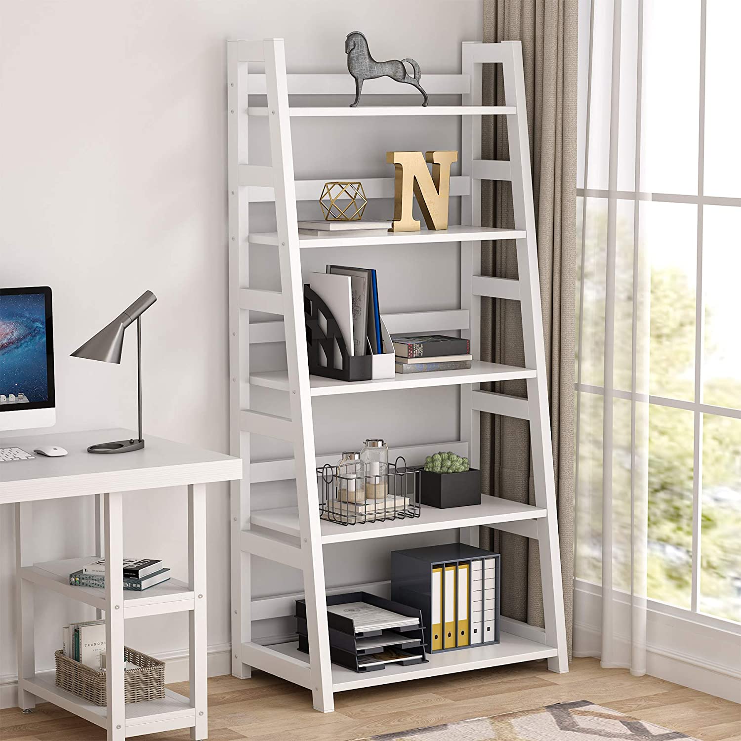 5 Tier Ladder Bookshelf Bookcase, 5 Shelf Ladder Shelves for Living Room Home Office
