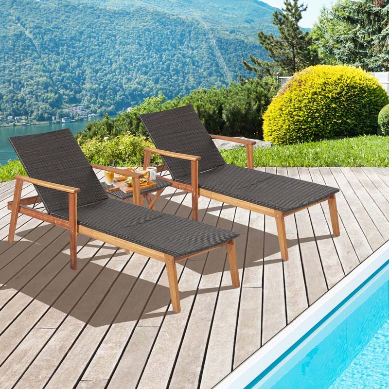 Acacia Wood Amp Rattan Patio Beach Outdoor Chaise Lounge Chairs Pool Sun Lounger Set With Folding Side Table - High Quality Set For Everyday Use
