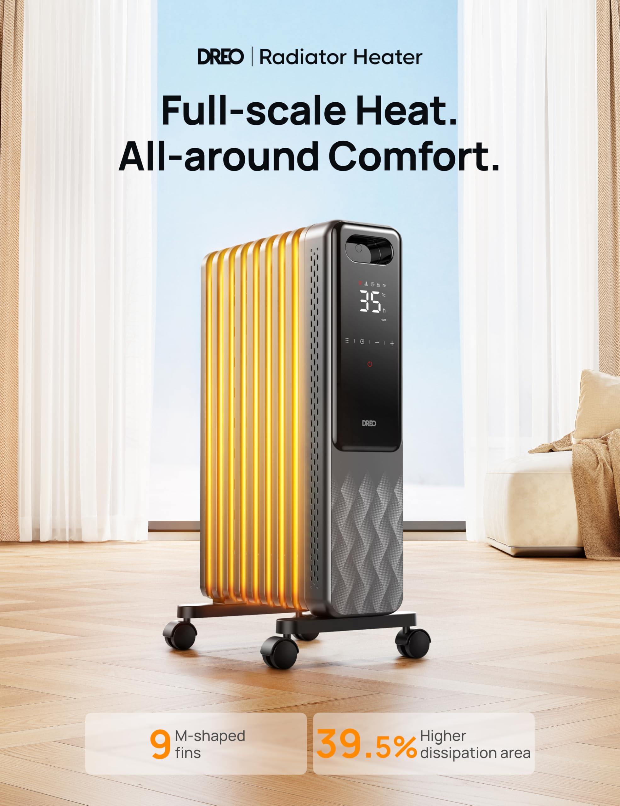 Dreo Electric Portable Space Oil Heater 9 Fins With Remote Control
