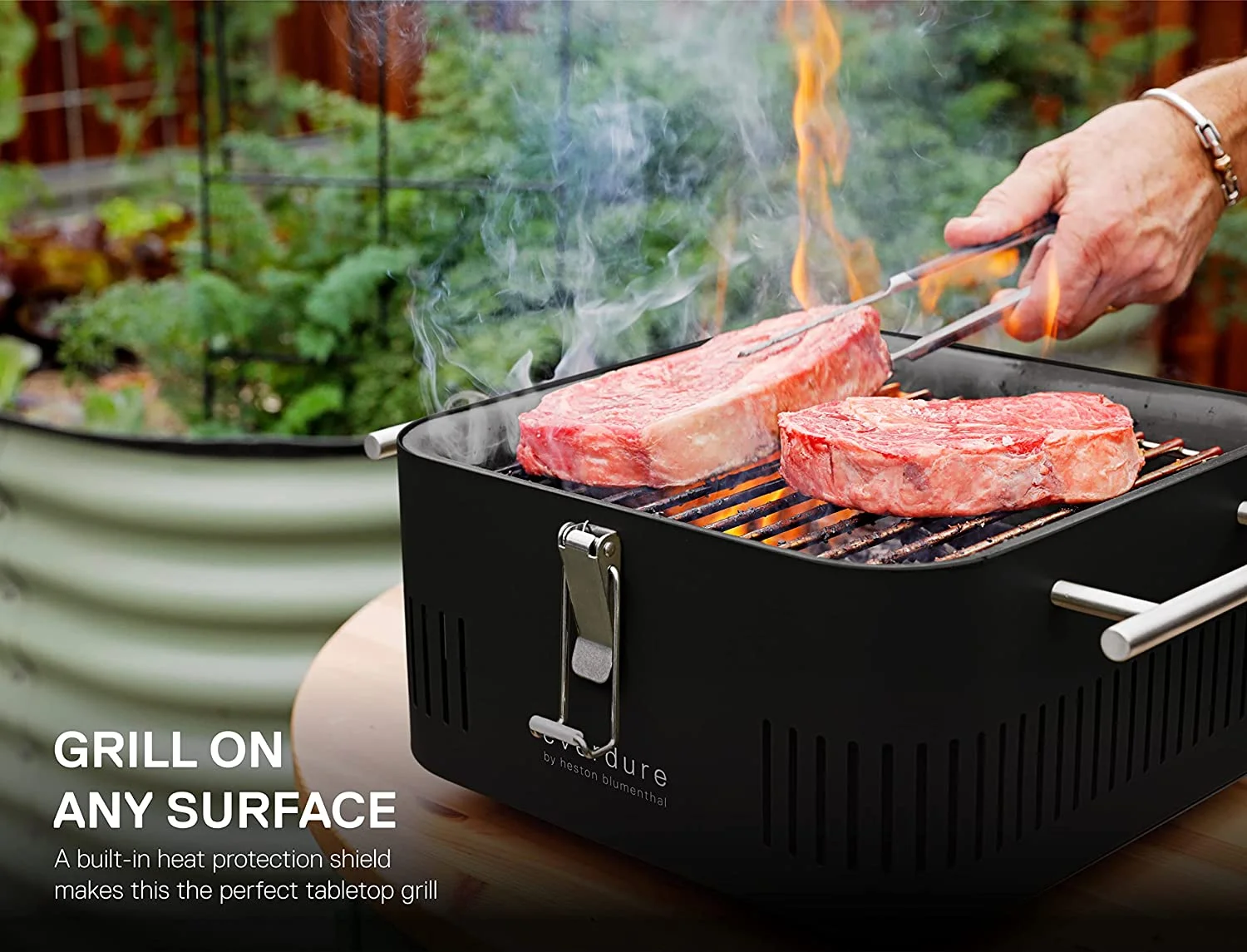 Everdure CUBE Charcoal Grill with Cool Touch Handles, Storage Container and Bamboo Serving Board