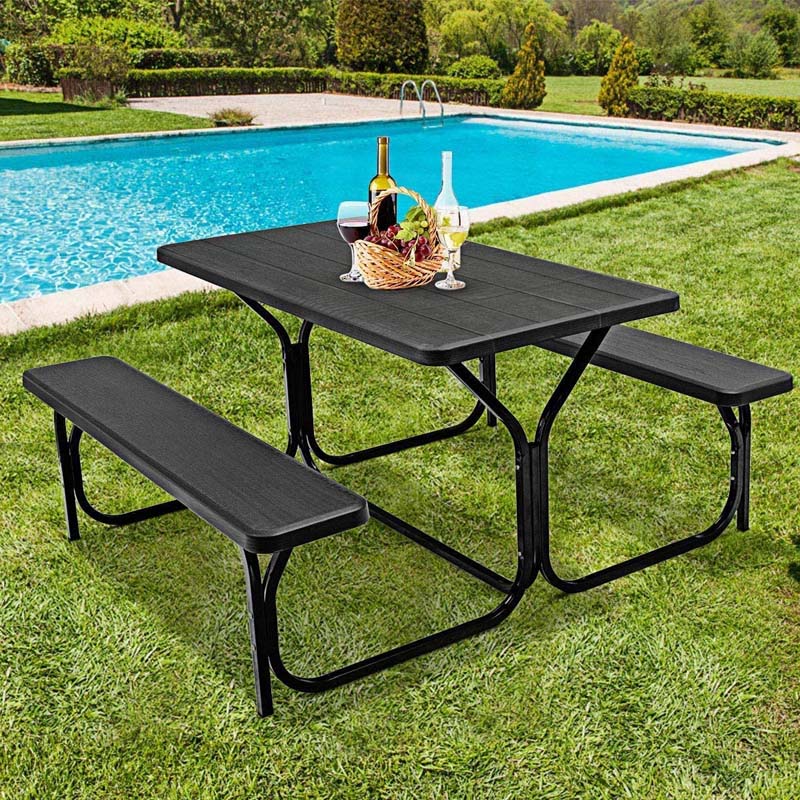 Outdoor Picnic Table Bench Set All Weather Dining Table Set Metal Base Wood Like Texture Large Camping Table For Lawn Garden Backyard - High Quality Set For Everyday Use
