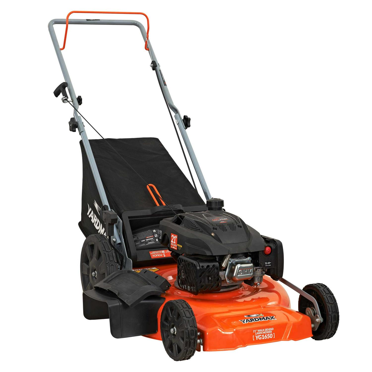 YARDMAX 21��� 170cc Gas Push Lawn Mower, 3-in-1, High Rear Wheels, Adjustable Heights
