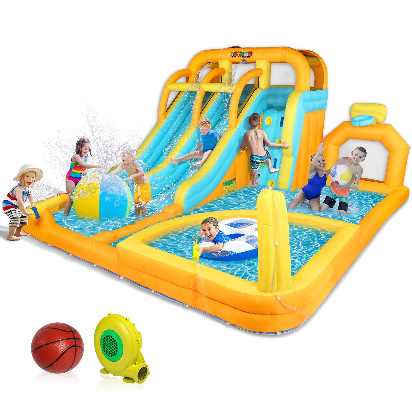 JOYMOR 8-in-1 Inflatable Water Slide Park w/ Splash and Deep Pool, , Climbing Wall, Giant Blow up Bounce House for Kids Backyard Party Age 3-12 (Included 750w Blower), Plastic, Child