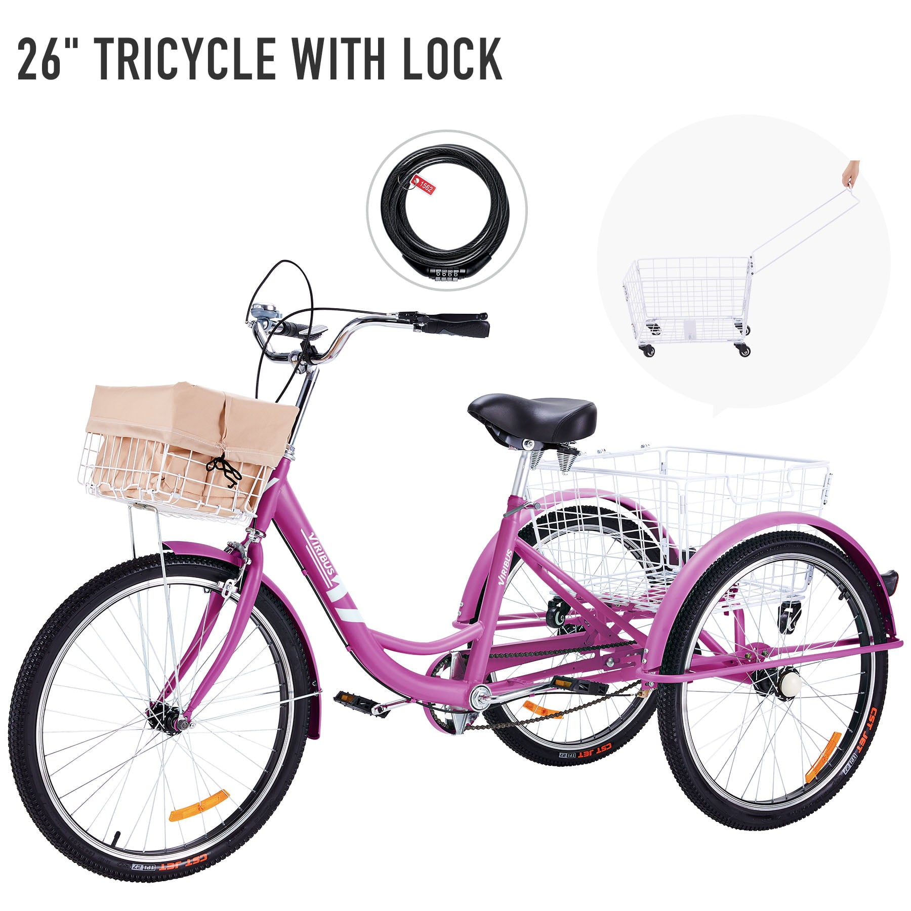 Viribus 26 Inch Single Speed Adult Tricycle,3 Wheel Cruiser Bike with Removable Wheeled Basket, Dustproof Bag, Lights and Bell for Cycling Shopping, Picnic, Hybrid Beach Trike for Men and Women, Purple
